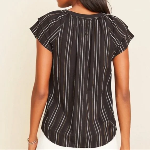 NEW Ann Taylor Black White Gold Metallic Stripe Flutter Sleeve Tie Neck Top XL - Picture 3 of 9